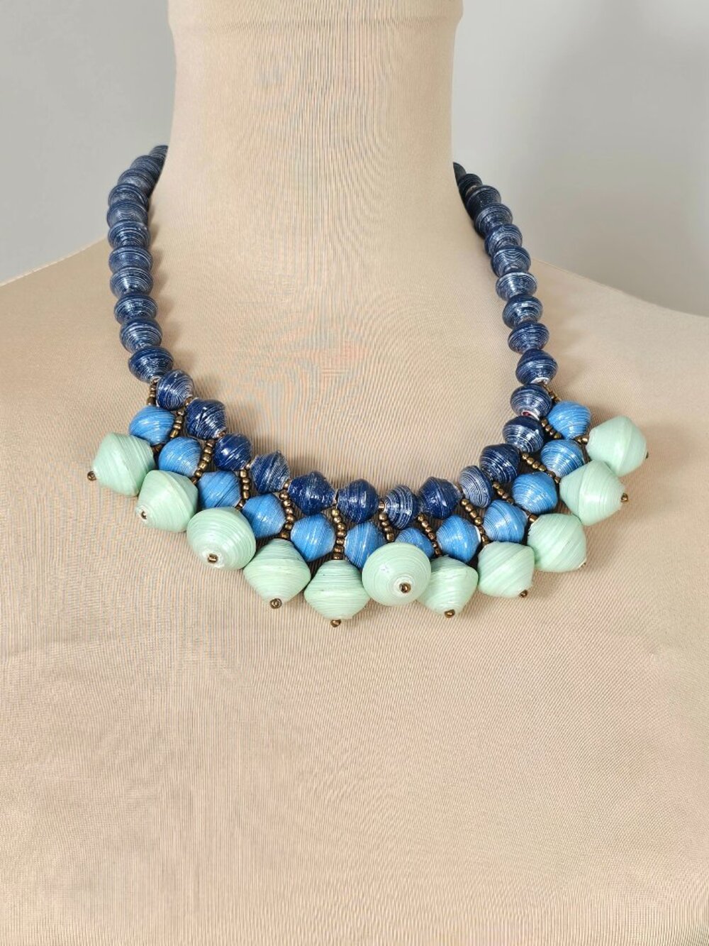 Blue Paper Bead Bib Statement Necklace South Moon Under